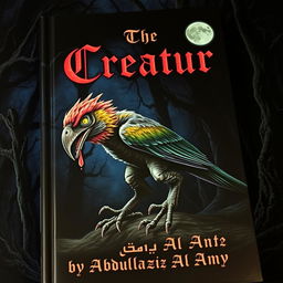 A captivating book cover featuring a bird-dinosaur-like creature, combining avian and dinosaur features, stalking in the shadows of a moonlit night