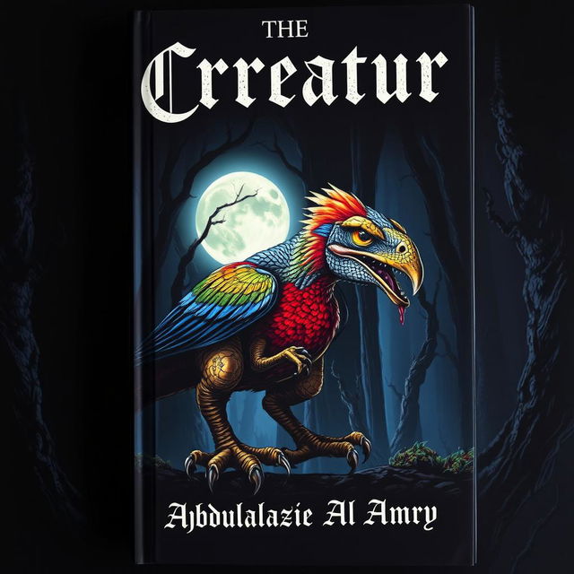 A captivating book cover featuring a bird-dinosaur-like creature, combining avian and dinosaur features, stalking in the shadows of a moonlit night