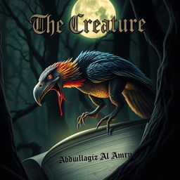 A captivating book cover featuring a bird-dinosaur-like creature, combining avian and dinosaur features, stalking in the shadows of a moonlit night