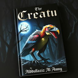 A captivating book cover featuring a bird-dinosaur-like creature, combining avian and dinosaur features, stalking in the shadows of a moonlit night