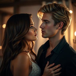 An evocative visual scene to accompany an erotic story featuring a handsome man with golden blonde hair and piercing blue eyes, gazing intensely at a stunning woman with rich brown hair and captivating green eyes