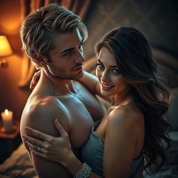 An evocative visual scene to accompany an erotic story featuring a captivating moment between a handsome man with golden blonde hair and striking blue eyes, and a stunning woman with flowing brown hair and enchanting green eyes