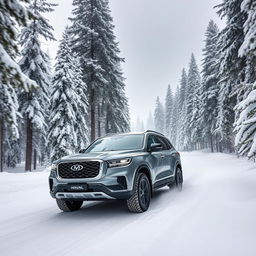 A stunning visual of the Haval H9 navigating through a winter wonderland