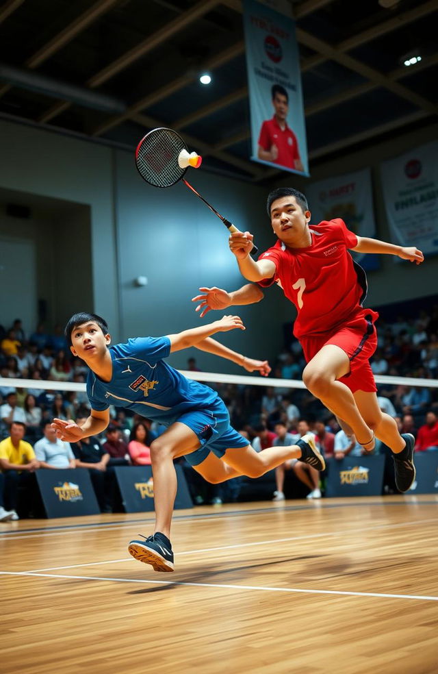 A dynamic badminton match in action, showcasing two skilled players leaping and diving for the shuttlecock