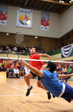 A dynamic badminton match in action, showcasing two skilled players leaping and diving for the shuttlecock