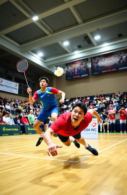 A dynamic badminton match in action, showcasing two skilled players leaping and diving for the shuttlecock