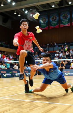 A dynamic badminton match in action, showcasing two skilled players leaping and diving for the shuttlecock