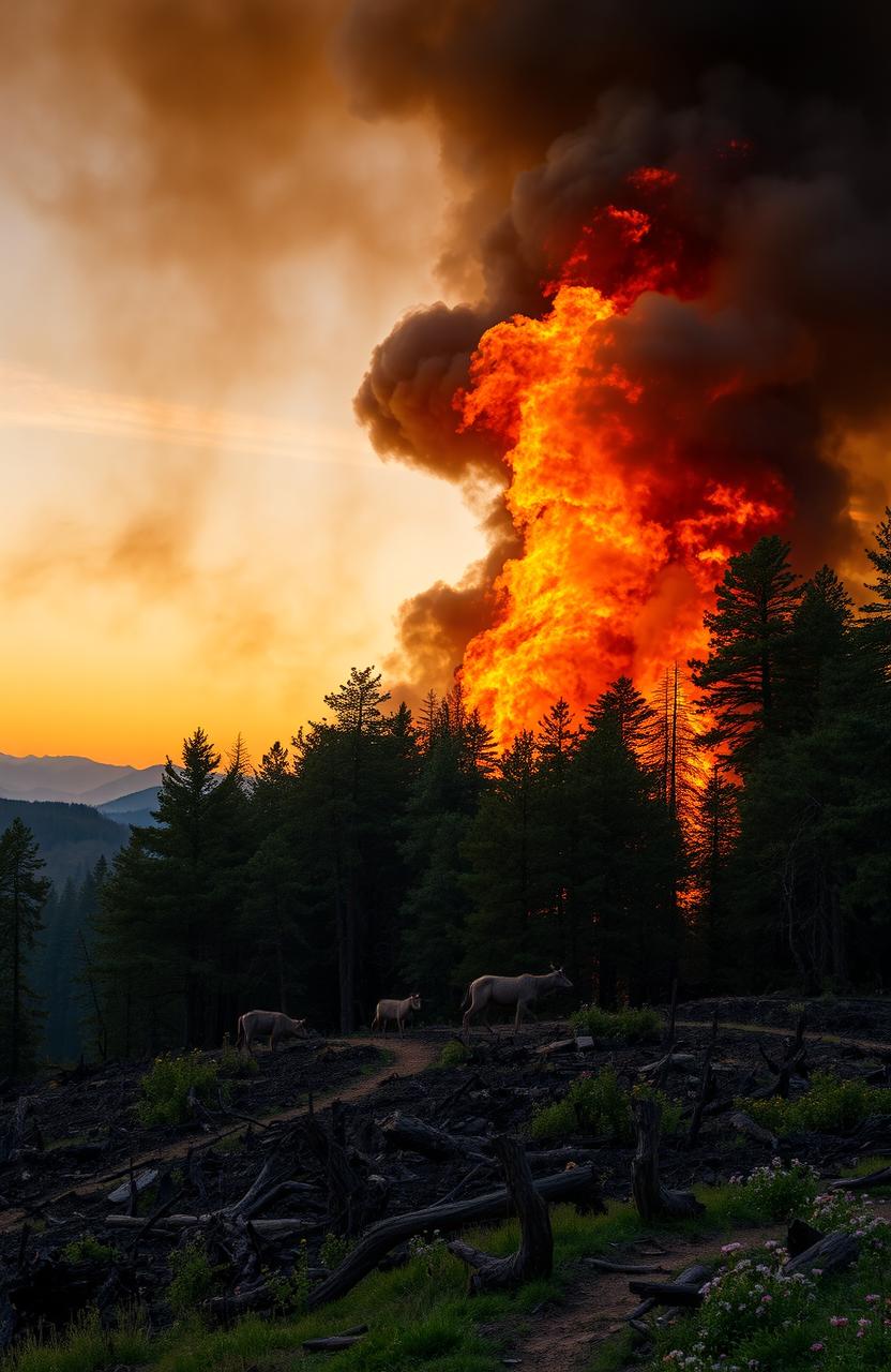 A dramatic representation of a forest fire, depicting towering flames engulfing lush green trees, with heavy smoke billowing into the sky