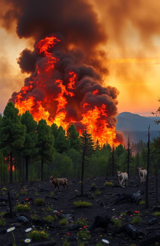 A dramatic representation of a forest fire, depicting towering flames engulfing lush green trees, with heavy smoke billowing into the sky