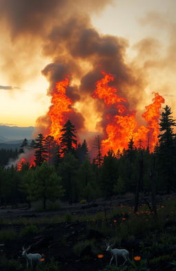 A dramatic representation of a forest fire, depicting towering flames engulfing lush green trees, with heavy smoke billowing into the sky