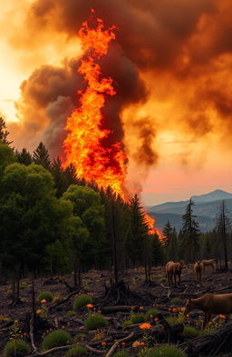 A dramatic representation of a forest fire, depicting towering flames engulfing lush green trees, with heavy smoke billowing into the sky
