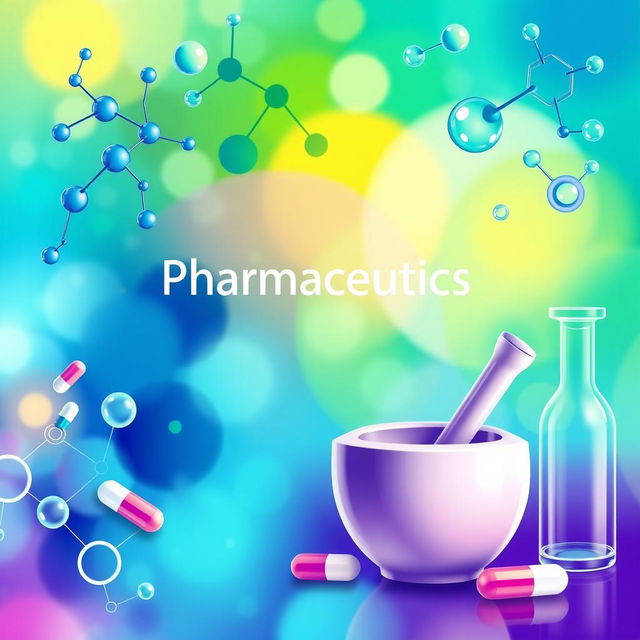 A unique and artistic cover page for a pharmaceutics textbook or report, featuring an abstract representation of molecules and chemical structures combined with a background of vibrant colors