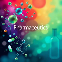 A unique and artistic cover page for a pharmaceutics textbook or report, featuring an abstract representation of molecules and chemical structures combined with a background of vibrant colors