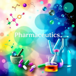 A unique and artistic cover page for a pharmaceutics textbook or report, featuring an abstract representation of molecules and chemical structures combined with a background of vibrant colors