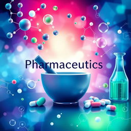 A unique and artistic cover page for a pharmaceutics textbook or report, featuring an abstract representation of molecules and chemical structures combined with a background of vibrant colors