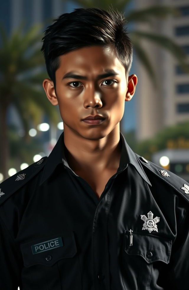 A young Indonesian police officer with a handsome, stern, and cold expression