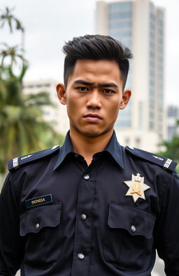 A young Indonesian police officer with a handsome, stern, and cold expression