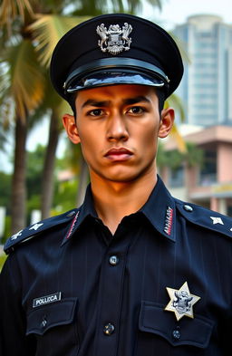 A young Indonesian police officer with a handsome, stern, and cold expression