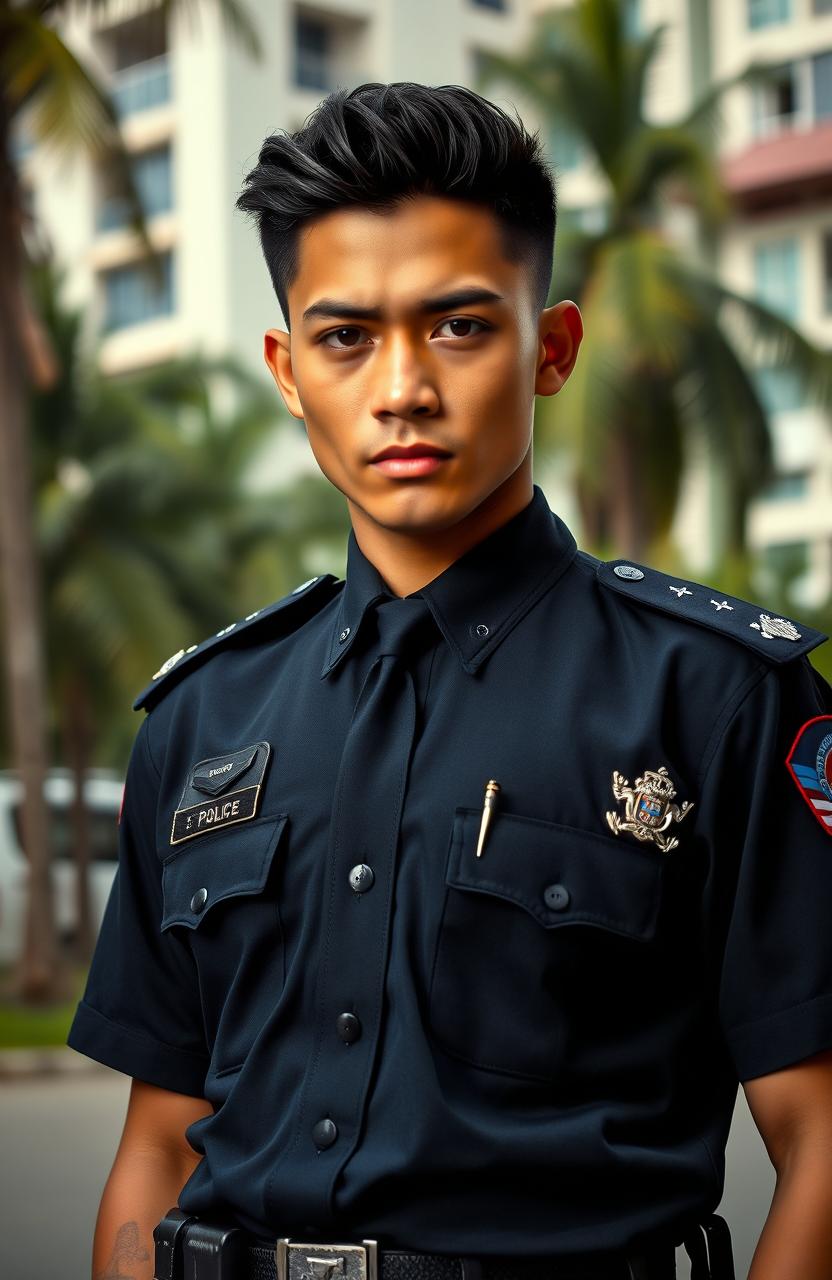 A young Indonesian police officer with a handsome, stern, and cold expression