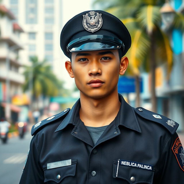 A young Indonesian police officer with a handsome, stern, and cold expression