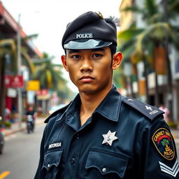 A young Indonesian police officer with a handsome, stern, and cold expression