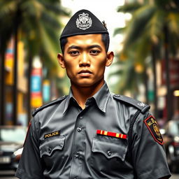 A young Indonesian police officer with a handsome, stern, and cold expression