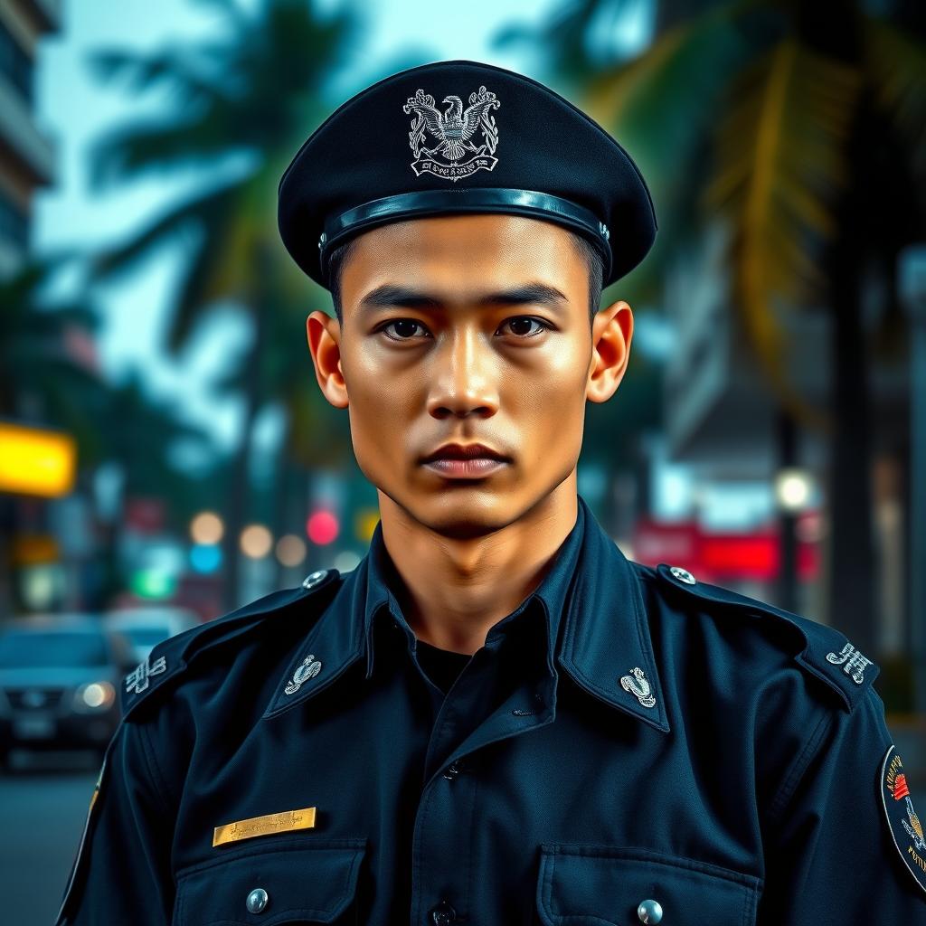 A young Indonesian police officer with a handsome, stern, and cold expression