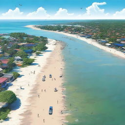 Gambar digital beresolusi tinggi ini menggambarkan pemandangan laut yang luas dan indah dengan permukaan air yang berkilauan, pasir pantai yang putih, dan langit cerah