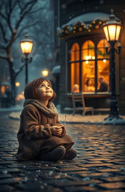 A poignant scene of a little match girl, sitting on a cobblestone street during a snowy evening