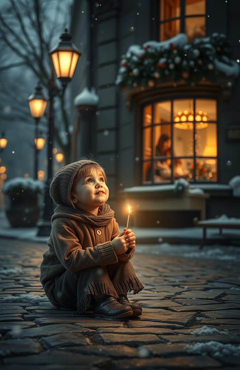 A poignant scene of a little match girl, sitting on a cobblestone street during a snowy evening