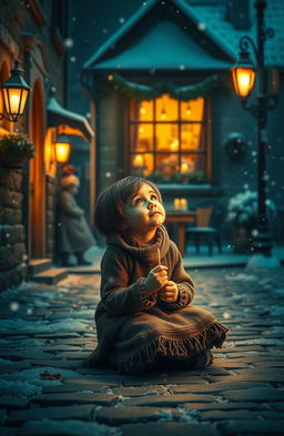 A poignant scene of a little match girl, sitting on a cobblestone street during a snowy evening