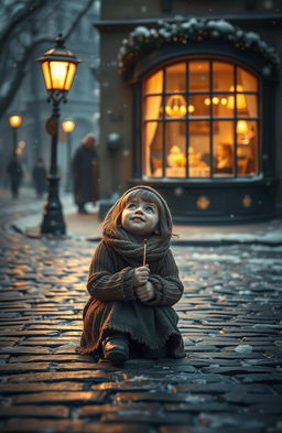 A poignant scene of a little match girl, sitting on a cobblestone street during a snowy evening