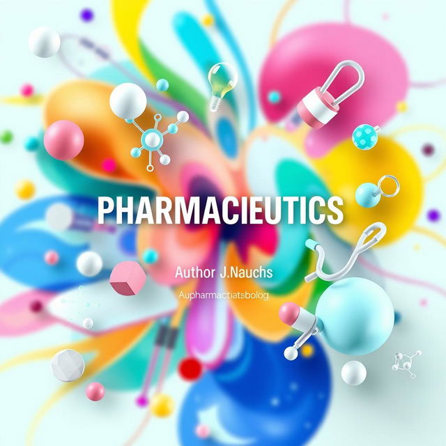 A unique and modern cover page design for a Pharmaceutics textbook, featuring a colorful abstract background symbolizing innovation in pharmaceuticals