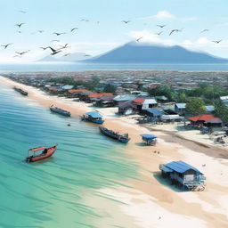 Gambar digital beresolusi tinggi ini menggambarkan pemandangan laut yang luas dan indah dengan permukaan air yang berkilauan, pasir pantai yang putih, dan langit cerah