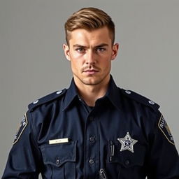 A young police officer with a handsome, stern, and cold expression