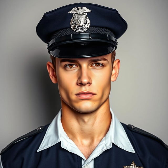 A young police officer with a handsome, stern, and cold expression