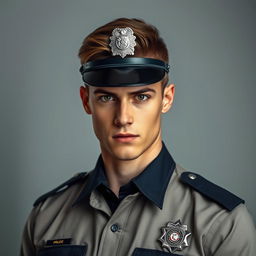 A young police officer with a handsome, stern, and cold expression