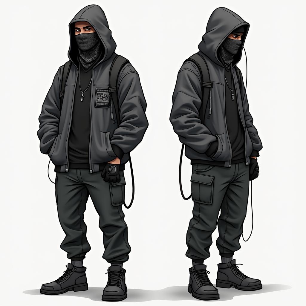 A Watch_dogs-like character named Faiz, dressed in all black and gray attire