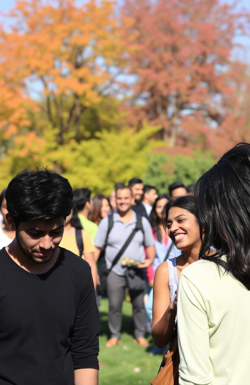 A vibrant park scene depicting a diverse group of people with varied emotions