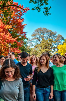 A vibrant park scene depicting a diverse group of people with varied emotions