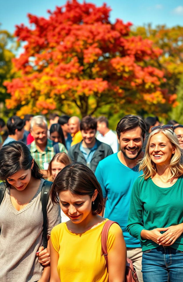 A vibrant park scene depicting a diverse group of people with varied emotions