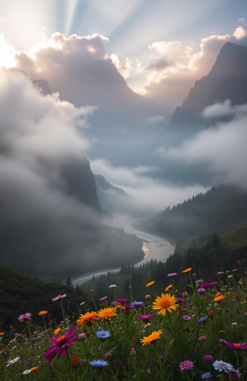 A mystical landscape featuring a serene, fog-covered valley in the early morning light