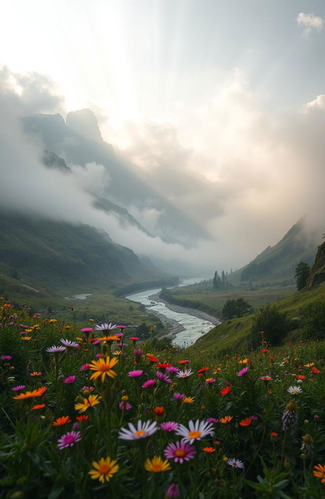 A mystical landscape featuring a serene, fog-covered valley in the early morning light