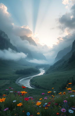A mystical landscape featuring a serene, fog-covered valley in the early morning light