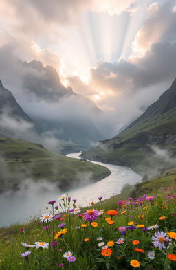 A mystical landscape featuring a serene, fog-covered valley in the early morning light