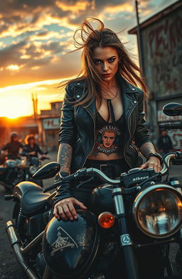 A gritty motorcycle club scene, featuring a fierce and rebellious female biker with tattoos and a leather jacket, standing next to her powerful motorcycle, exuding confidence and defiance