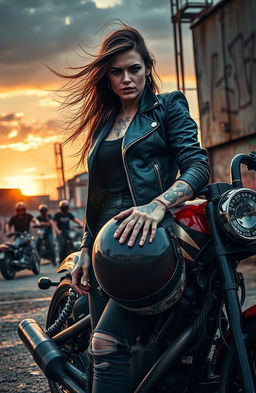 A gritty motorcycle club scene, featuring a fierce and rebellious female biker with tattoos and a leather jacket, standing next to her powerful motorcycle, exuding confidence and defiance