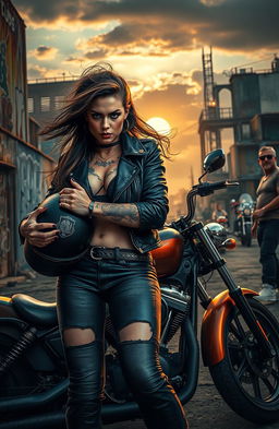 A gritty motorcycle club scene, featuring a fierce and rebellious female biker with tattoos and a leather jacket, standing next to her powerful motorcycle, exuding confidence and defiance