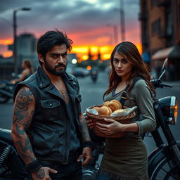 A gritty motorcycle club scene featuring a dark-haired, tattooed male biker with a rugged appearance, wearing a leather vest and a fierce expression