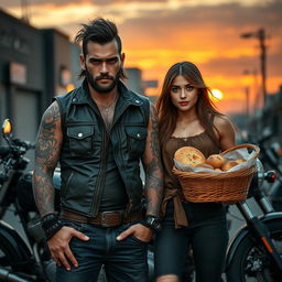 A gritty motorcycle club scene featuring a dark-haired, tattooed male biker with a rugged appearance, wearing a leather vest and a fierce expression